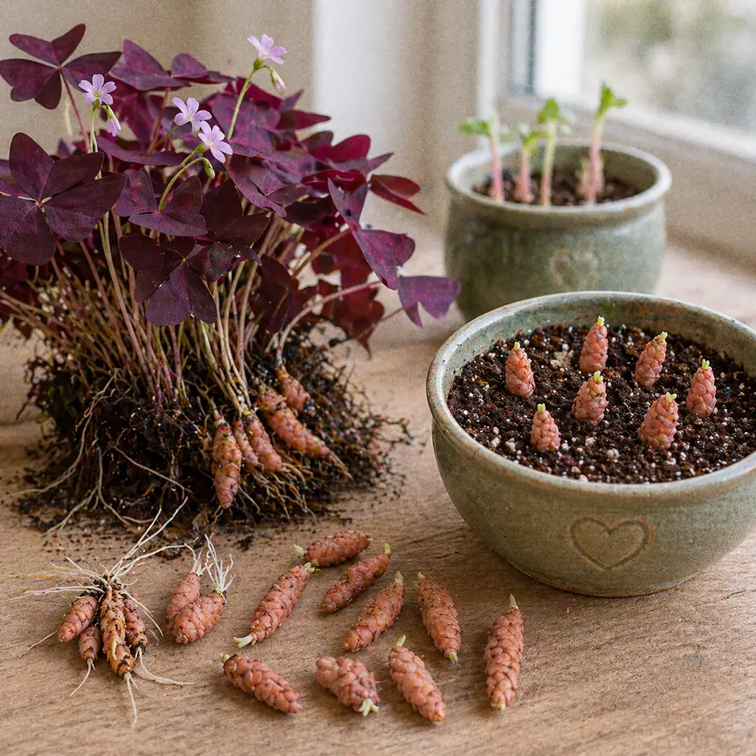 Two small piles of Purple Shamrock corms (small white-pink scaly bulbs) and a few intact bulb clusters laid on a wooden surface beside a small green ceramic pot with a heart motif half-filled with light potting mix and a pair of clean snips