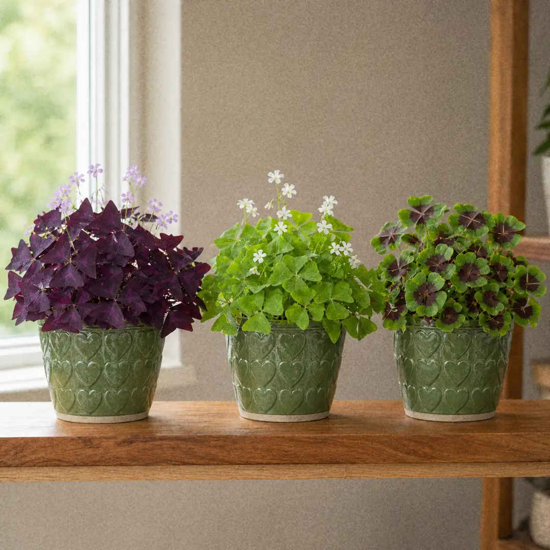 Three Oxalis varieties side-by-side on a wooden shelf in matching green ceramic pot with a heart motifs: Oxalis triangularis with deep burgundy triangular leaves on the left, Oxalis regnellii with bright green triangular leaves in the center, and Oxalis tetraphylla 'Iron Cross' with green four-leaflet leaves marked by a burgundy cross on the right