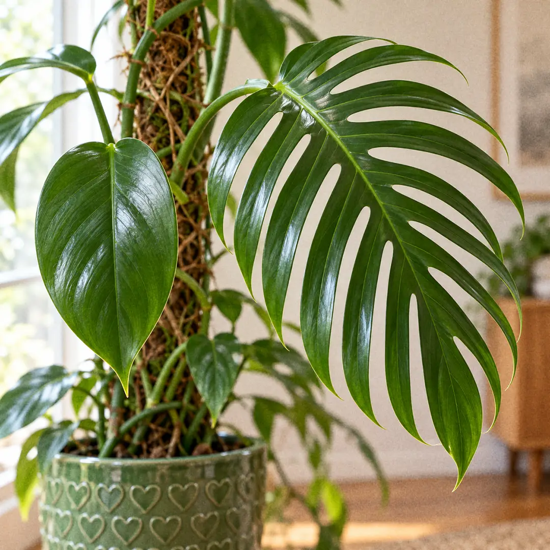 A side-by-side close-up of Rhaphidophora decursiva leaves showing a small plain oval juvenile leaf with a smooth edge next to a large mature leaf divided into long narrow lobes cut almost to the midrib