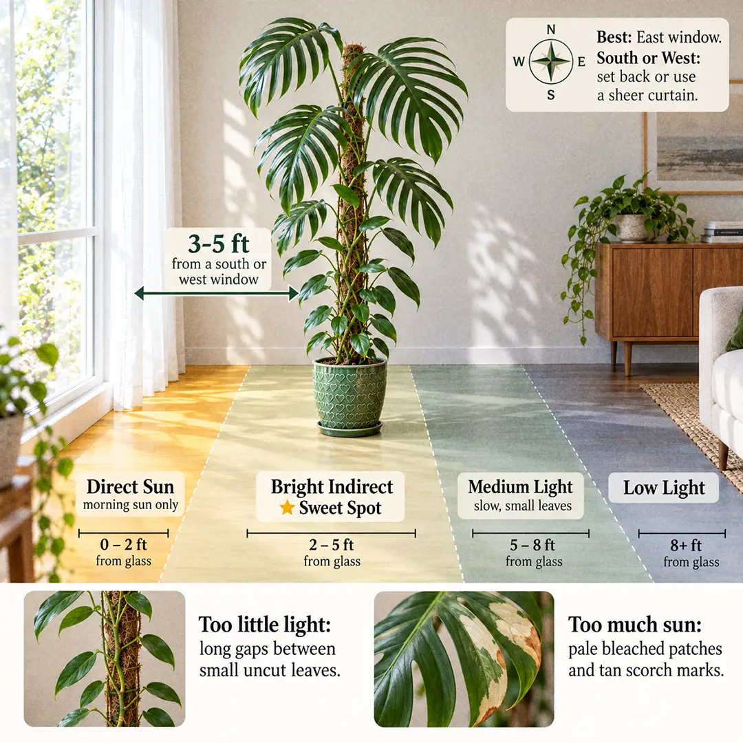 A labeled light guide diagram showing where to place a Rhaphidophora decursiva on a moss pole relative to a window, with direct sun, bright indirect, medium, and low light zones marked and the sweet spot 3 to 5 feet from a south or west window starred