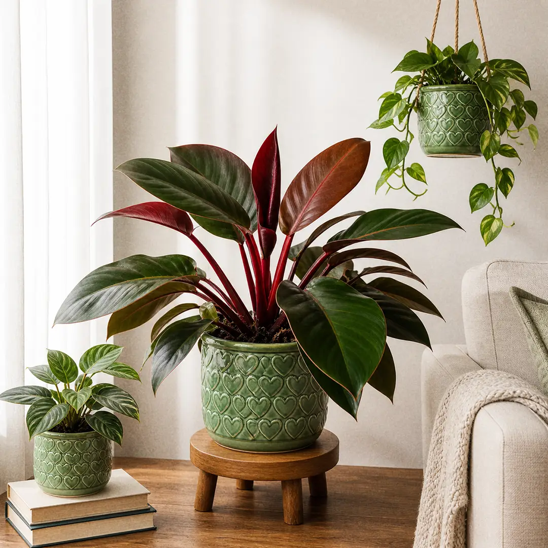 A styled corner of a bright modern living room with a mature Rojo Congo Philodendron in a green ceramic pot with a heart motif on a low wooden plant stand beside a Birkin and a trailing Brasil, with sheer curtains and a warm wooden floor