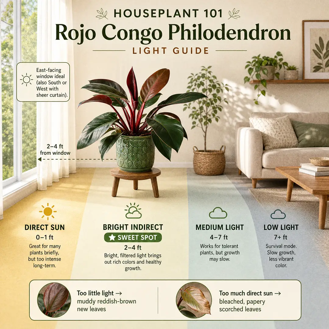 A labeled light-zone diagram showing a Rojo Congo Philodendron placed in the bright indirect zone two to three feet from an east-facing window in a warm modern living room