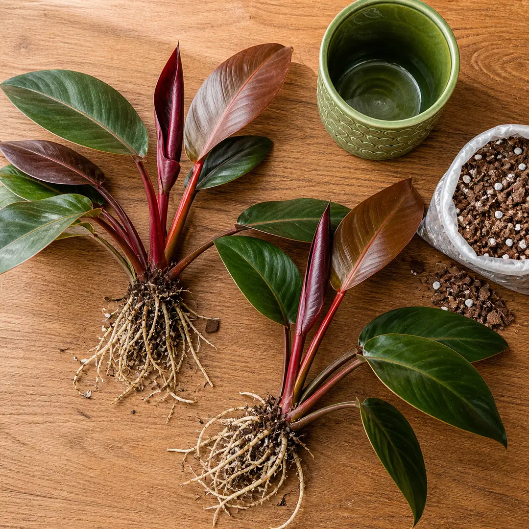 Top-down view of a divided Rojo Congo Philodendron showing two healthy crowns with white roots laid on a wooden surface beside a green ceramic pot with a heart motif and a small bag of fresh aroid mix