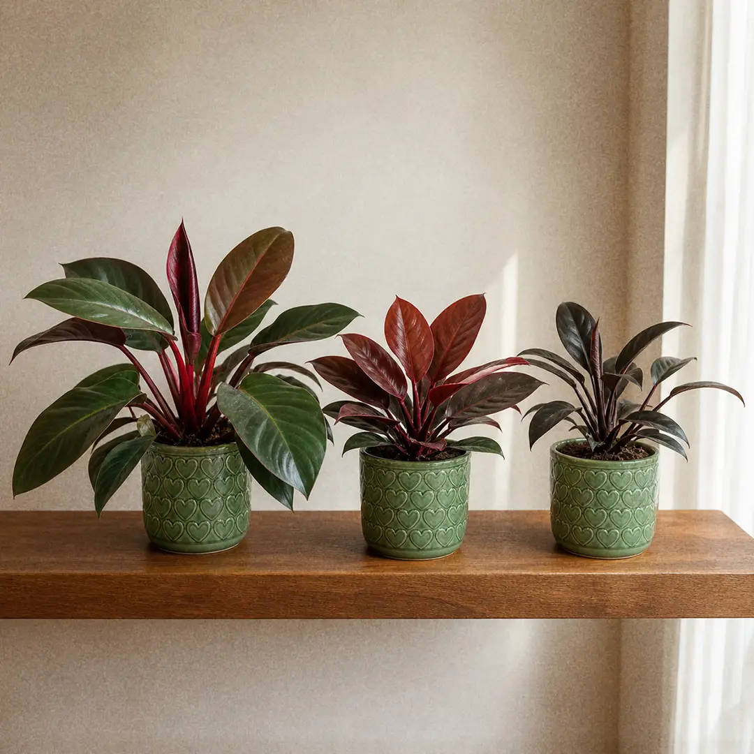 Three red and burgundy self-heading Philodendron varieties side by side on a wooden shelf in matching green ceramic pots with heart motifs: Rojo Congo with deep burgundy new leaves, Imperial Red with glossy red mature leaves, and Black Cardinal with near-black foliage