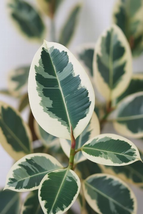 A close-up of a Ficus elastica 'Tineke' leaf, showcasing its creamy white and green variegation with pink edges.