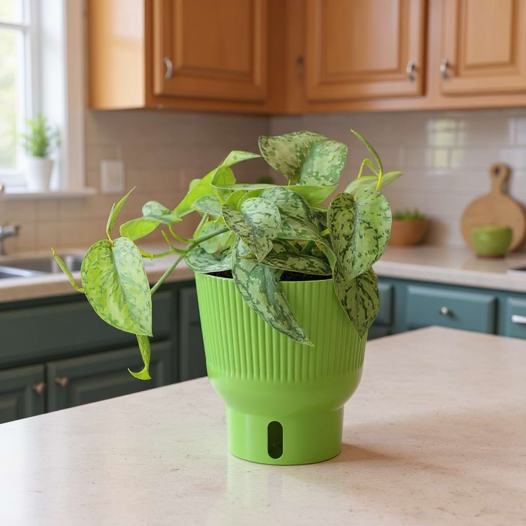 A person holding a Scindapsus Silver Lady, showcasing its large, heart-shaped leaves with silver variegation.