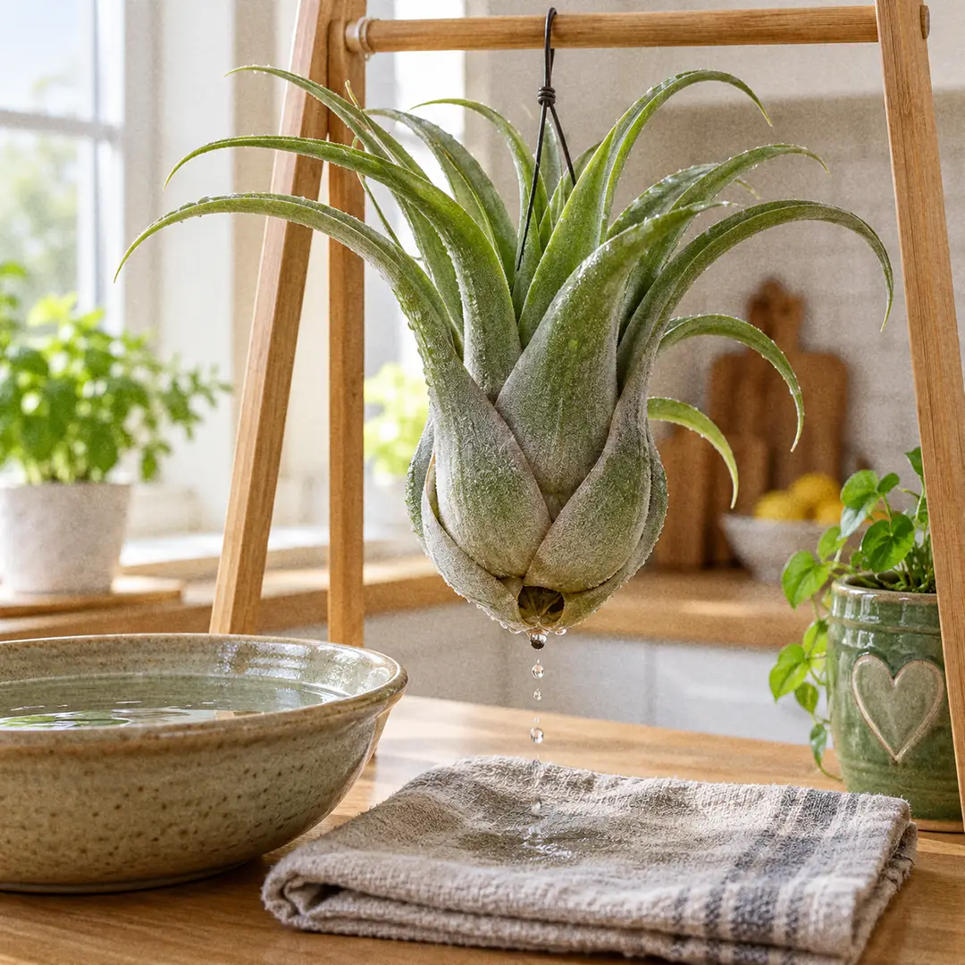 A Seleriana Air Plant hanging upside down from a small wooden drying rack after a soak, with water drops falling from the opening of its large hollow bulb onto a folded towel, and a green ceramic pot with a heart motif on the counter nearby