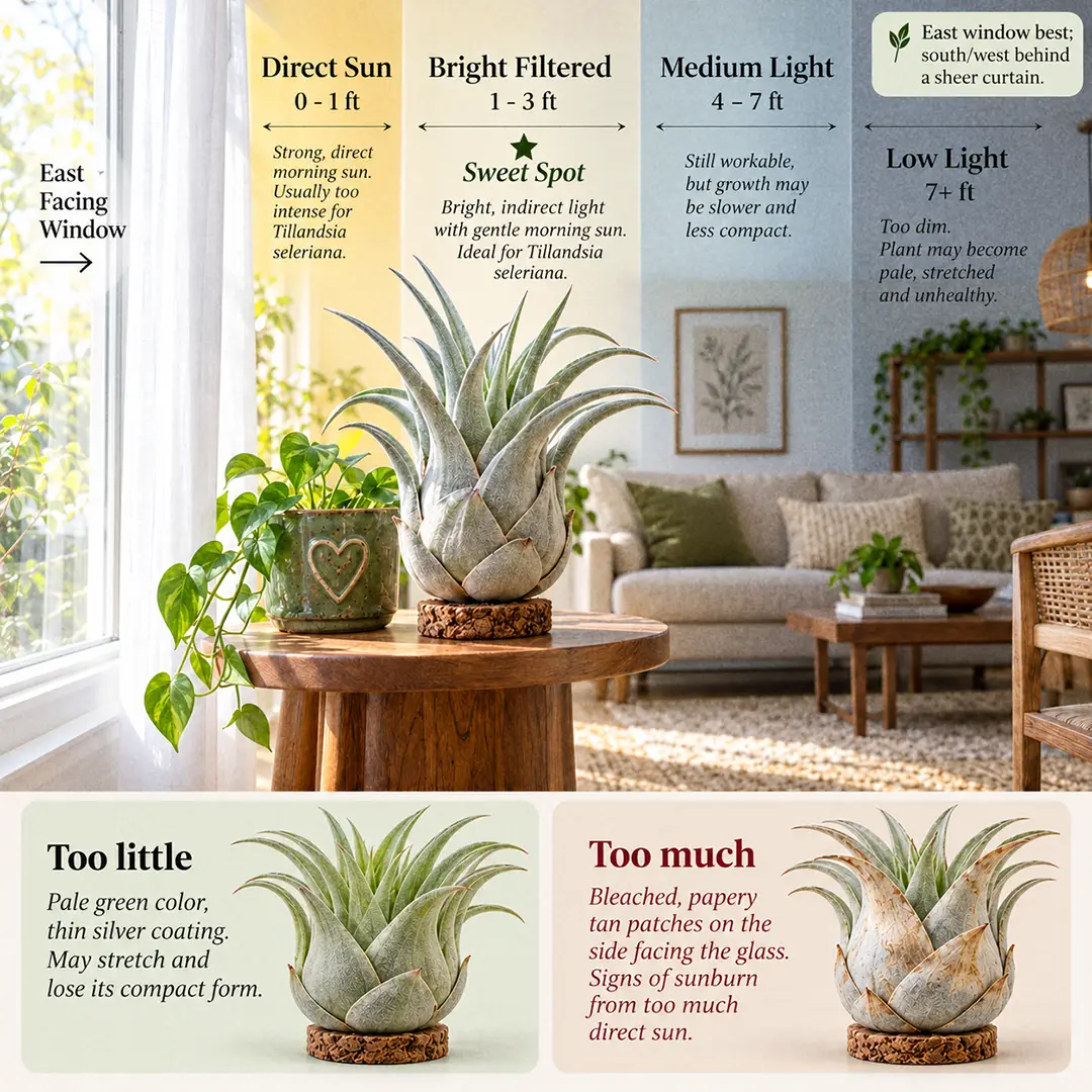A labeled light guide diagram showing where to place a Seleriana Air Plant indoors near an east-facing window, with direct sun, bright filtered, medium and low light zones marked, the sweet spot about one to three feet from the glass behind a sheer curtain, and small thumbnails comparing a pale greenish plant in low light with a sun-bleached one