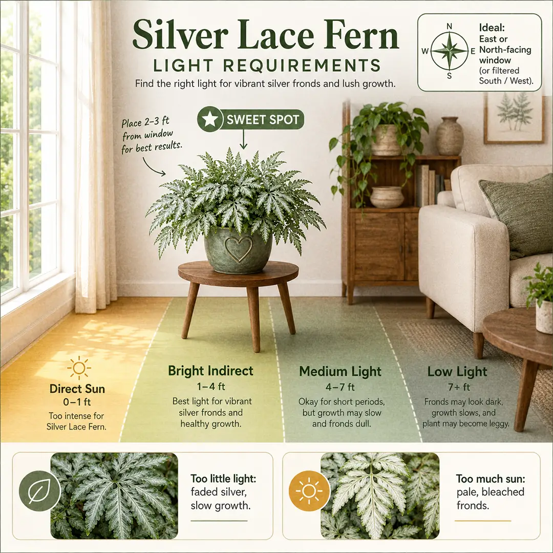 A clean, pinnable infographic-style light guide diagram showing a side-on cross-section of a living room with a window on the left, labeled light zones from "Direct Sun" through "Bright Indirect" to "Low Light," with a Silver Lace Fern in a green ceramic pot with a heart motif placed in the "Sweet Spot" zone about 2-3 feet from the window