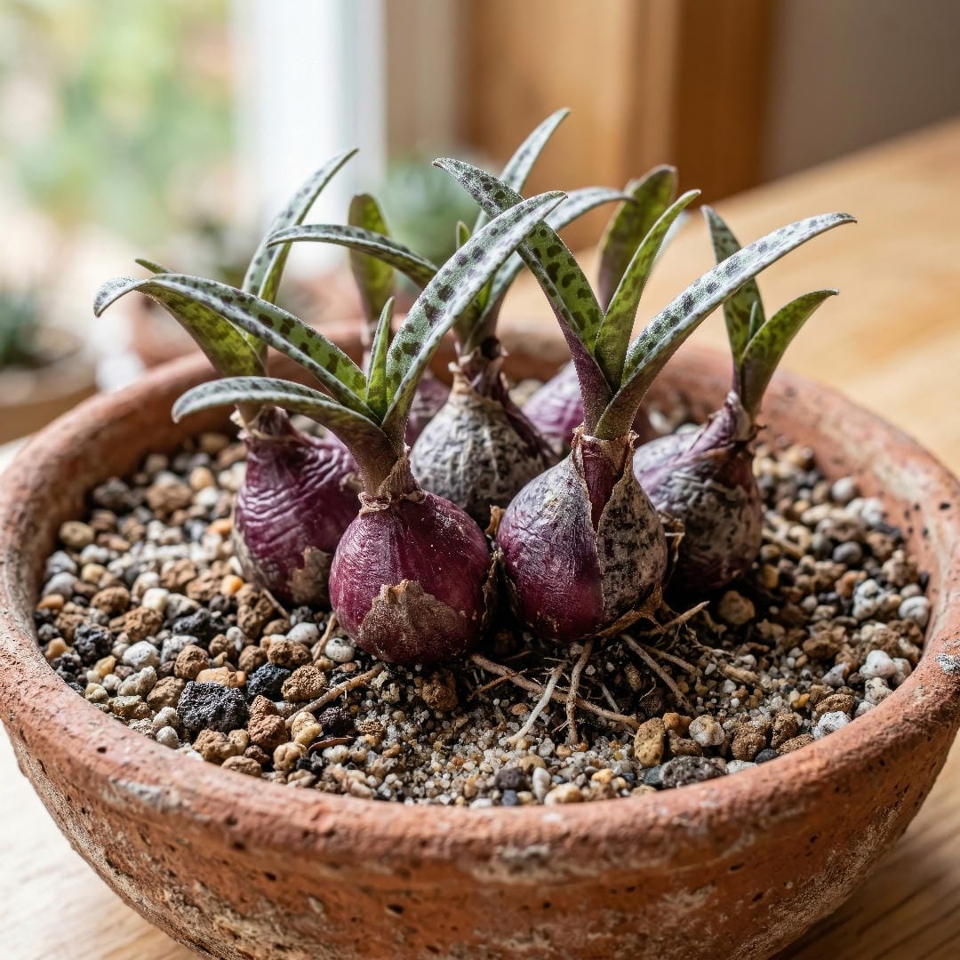 Close-up of Silver Squill bulbs sitting half above a gritty potting mix in a shallow terracotta bowl.