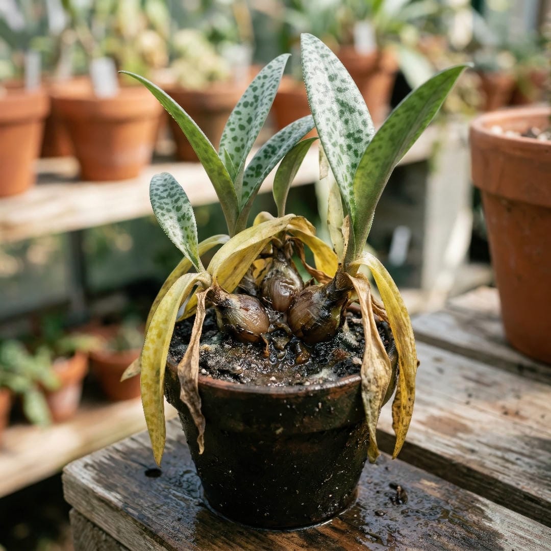 Overwatered Silver Squill with yellowing leaves and softened bulb bases collapsing into wet soil.