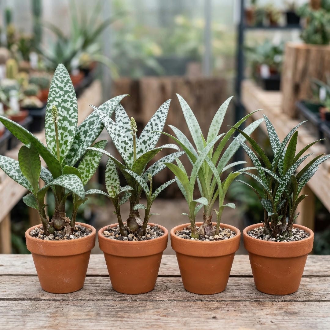 Comparison of several Silver Squill forms showing differences in spot pattern, leaf width, and bulb color in shallow pots.