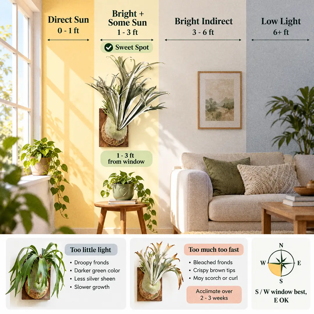 A labeled light guide diagram showing where to hang a Silver Staghorn Fern indoors near a south or west window, with direct sun, bright indirect, medium and low light zones, the sweet spot marked 1-3 feet from the glass, and small thumbnails of droopy green fronds in low light and bleached tips in harsh unacclimated sun
