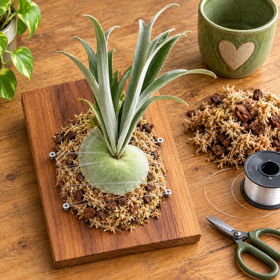 A step-by-step mounting setup showing a young Silver Staghorn Fern pup being fixed to a cedar board over a thin pad of damp sphagnum moss and orchid bark, with clear fishing line looped between small screws across the base of the shield, and a green ceramic pot with a heart motif on the workbench beside it