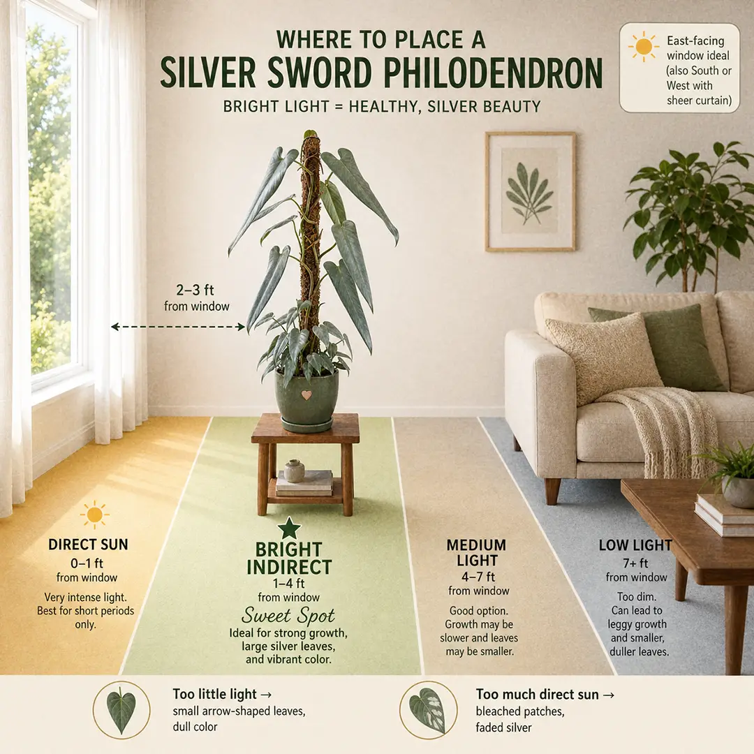 A labeled light-zone diagram showing a Silver Sword Philodendron on a moss pole placed in the bright indirect zone two to three feet from an east-facing window in a warm modern living room, with too-dark and too-bright examples in the bottom corners