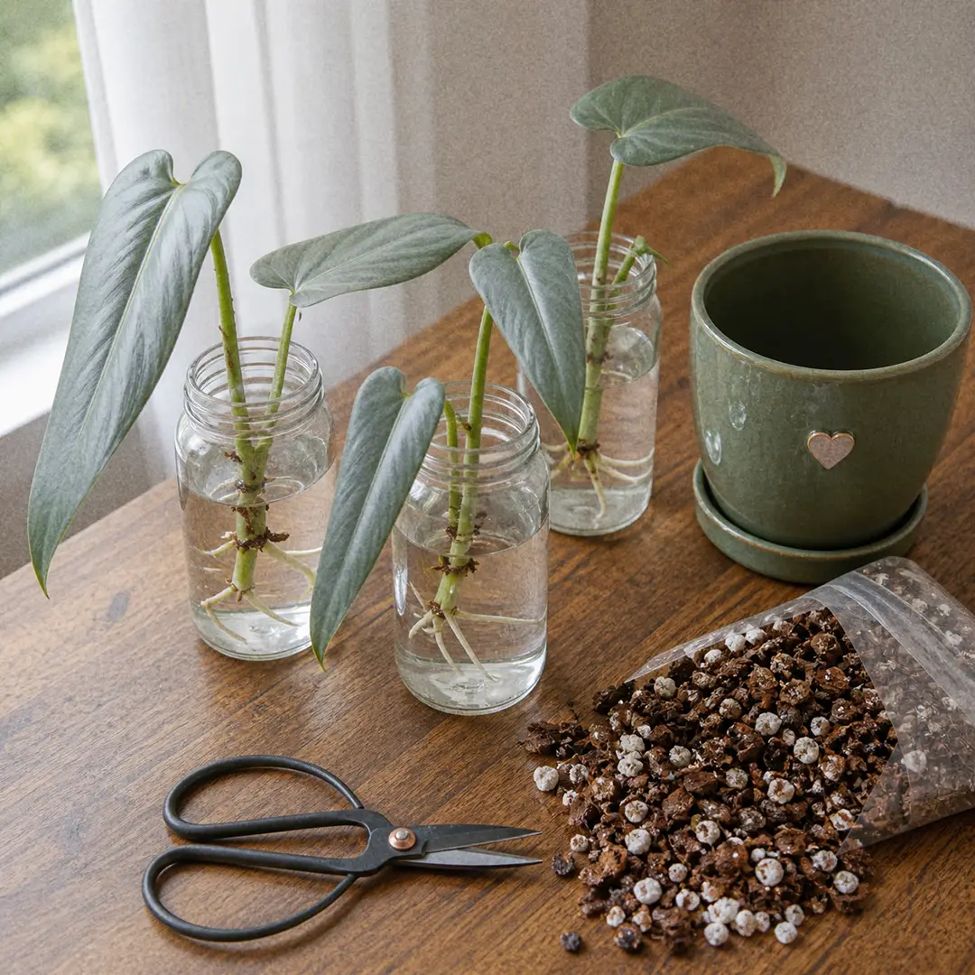 Top-down view of three Silver Sword Philodendron stem cuttings rooting in clear glass jars of water on a wooden surface beside a green ceramic pot with a heart motif, with white roots clearly visible and silvery sword-shaped leaves above
