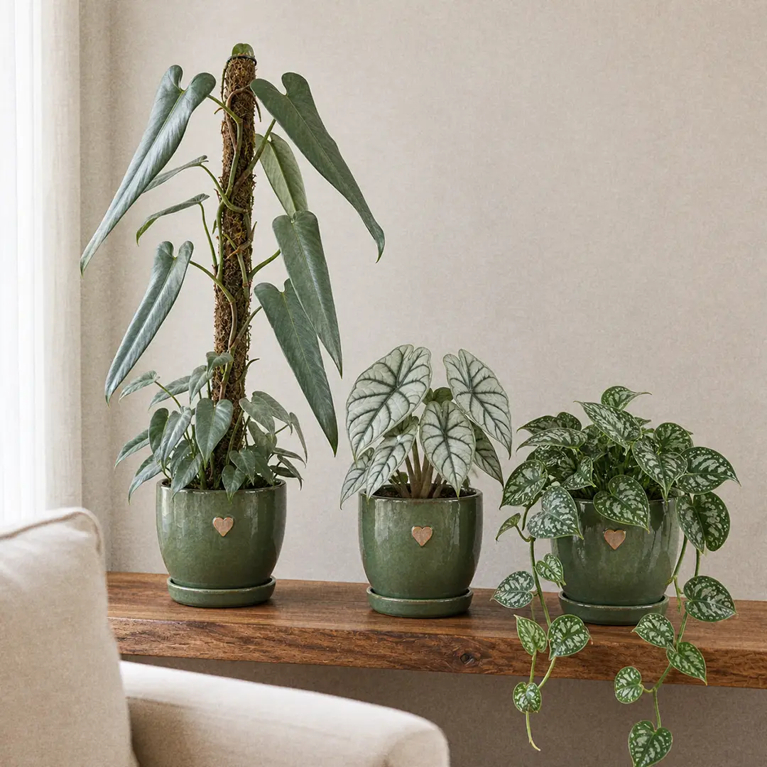 Three silvery-blue and arrow-leafed plants side by side on a wooden shelf in matching green ceramic pots with heart motifs: a Silver Sword Philodendron with elongated metallic sword-shaped leaves on a moss pole, an Alocasia Silver Dragon with stout silver-and-green veined leaves, and a Scindapsus Silver Lady with smaller heart-shaped silver-spotted leaves trailing down