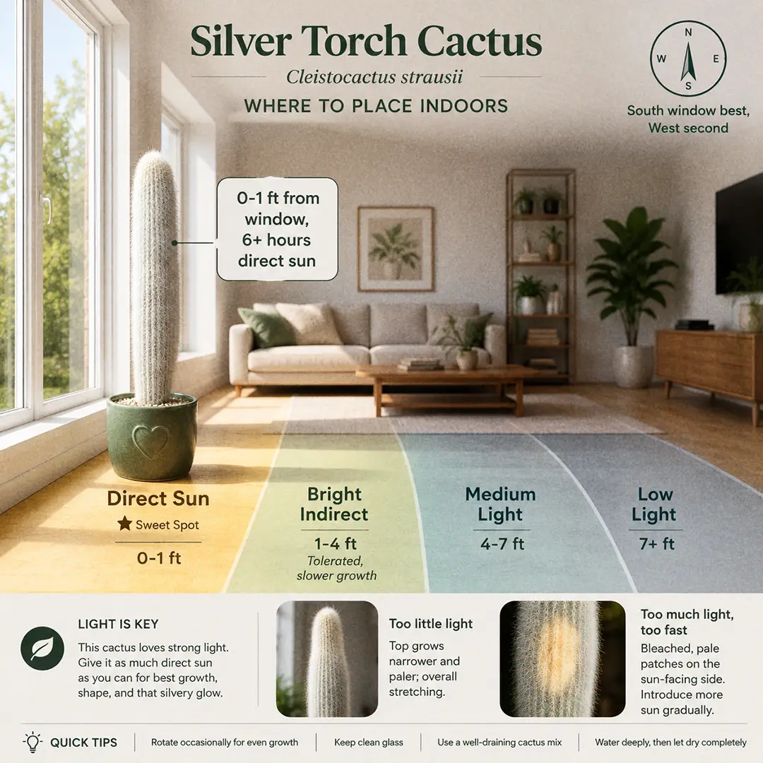A labeled light guide diagram showing where to place a Silver Torch Cactus indoors relative to a south-facing window, with direct sun, bright indirect, medium and low light zones marked and the sweet spot right at the glass