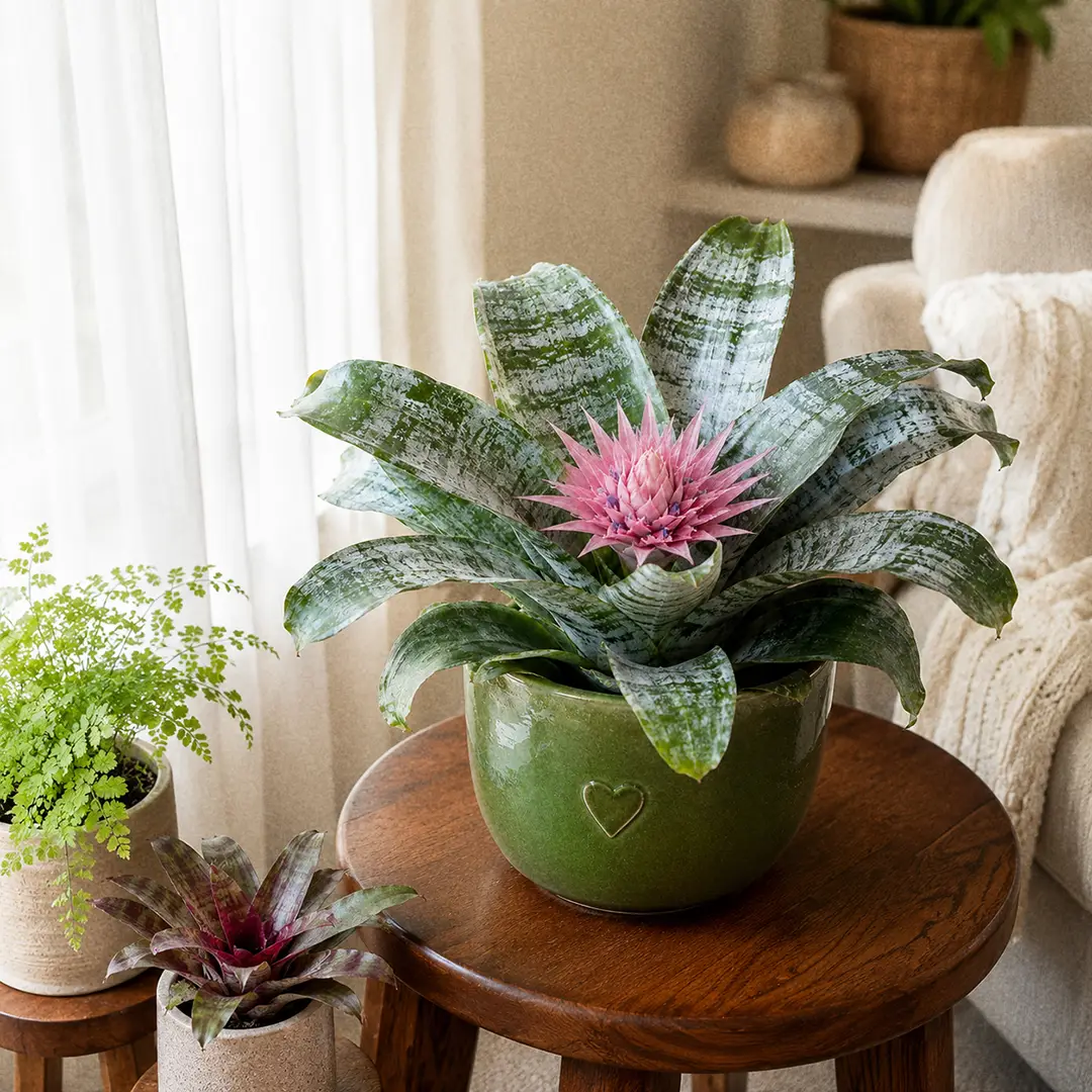 A styled bright living room scene with a mature blooming Silver Vase Plant in a green ceramic pot with a heart motif on a wooden side table, paired with a small fern and a smaller bromeliad on a plant stand, near a curtained sunny window