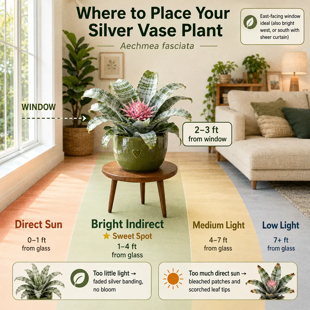 A labeled light-zone diagram showing a Silver Vase Plant placed in the sweet spot two to three feet from an east-facing window, with sweet-spot, too-dark, and too-bright zones color-washed and a small note about ideal indirect light with a touch of soft morning sun