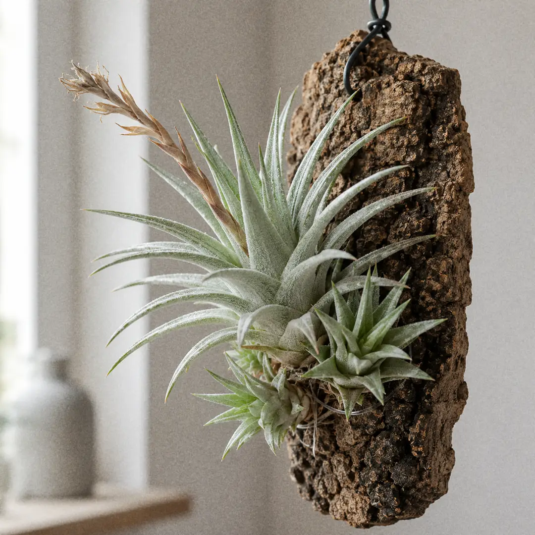 A Sky Plant clump showing a mother rosette with three offsets growing from its base, mounted on a piece of cork bark against a neutral wall