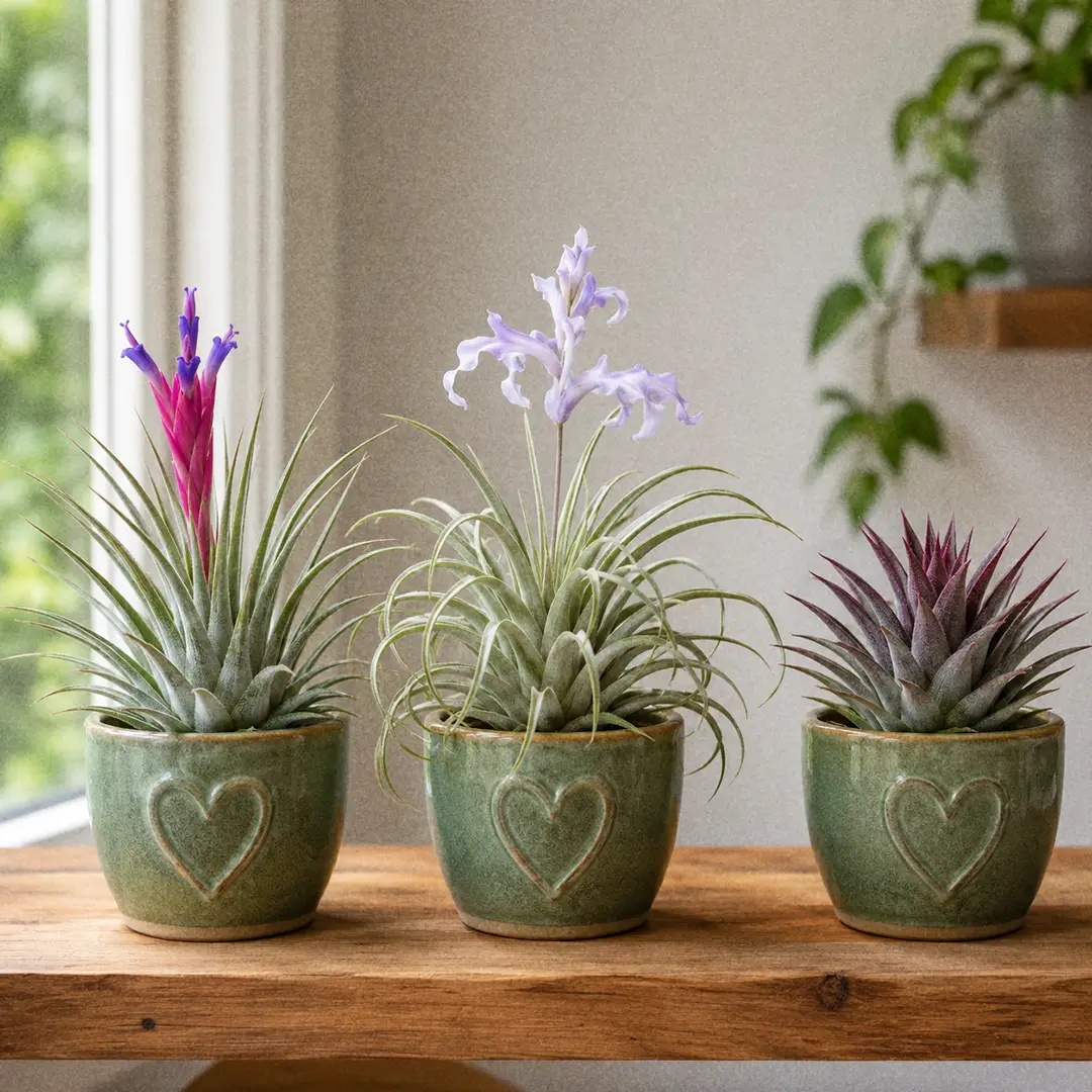 Three Tillandsia varieties side by side on a wooden shelf in matching green ceramic pots with heart motifs, showing a stiff silvery Sky Plant, a softer greener Tillandsia bergeri, and a compact purple-tinged Mini Purple form