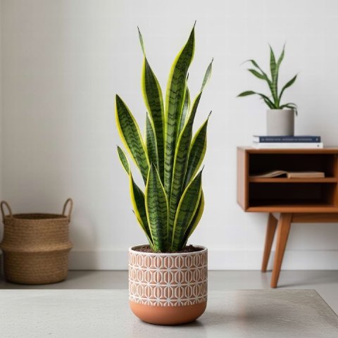 A tall Snake Plant in a stylish patterned terracotta pot, displayed as a floor plant next to a mid-century modern table.