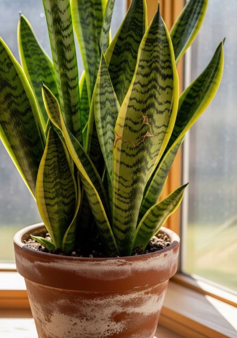 A close-up of a snake plant leaf showing minor physical damage that can be trimmed for cosmetic reasons.