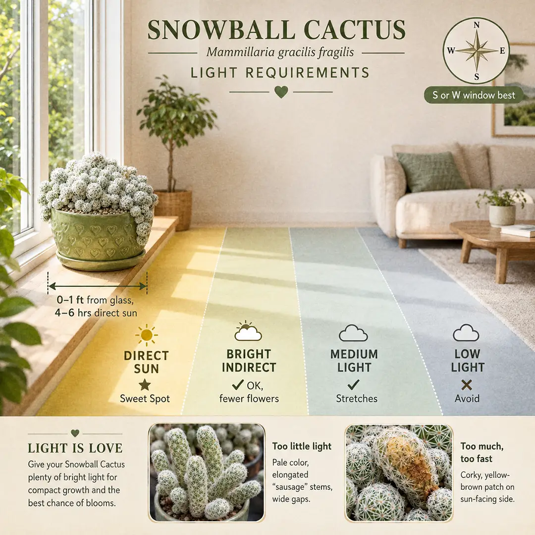 A labeled light guide diagram showing where to place a Snowball Cactus indoors relative to a south-facing window, with direct sun, bright indirect, medium and low light zones marked and the sweet spot highlighted right at the glass