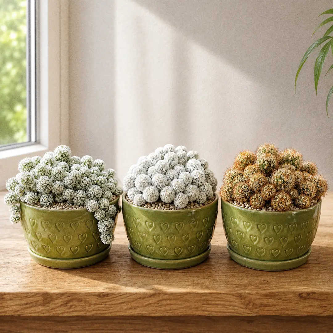 Three Snowball Cactus varieties side by side on a wooden shelf in matching green ceramic pots with heart motifs, showing the standard white-spined form, the shorter denser Arizona Snowcap, and a copper-spined form