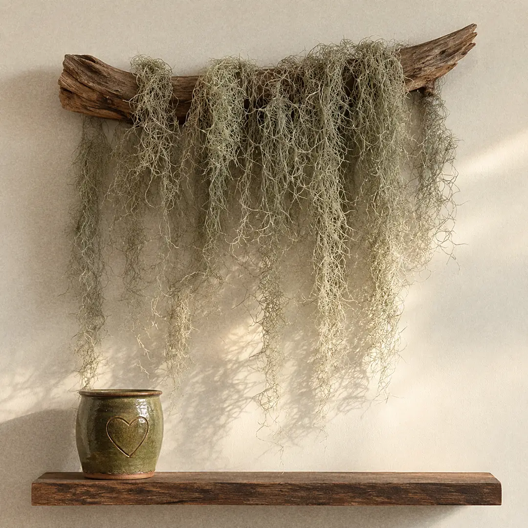 Spanish Moss draped in long silvery strands over a piece of mounted driftwood on a pale wall, with a green ceramic pot with a heart motif on the shelf beneath it