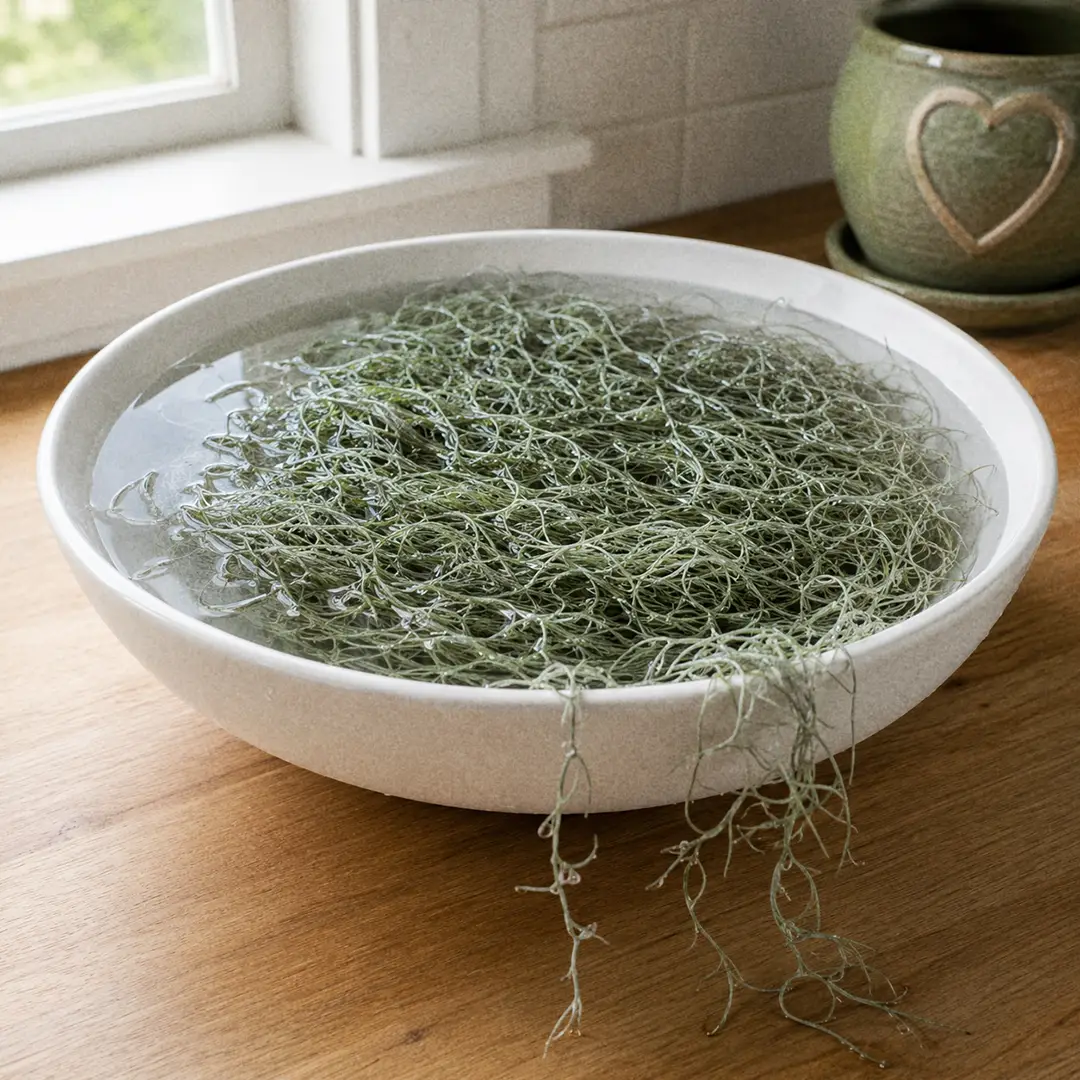 A full bundle of Spanish Moss submerged in a shallow bowl of water on a kitchen counter, the strands darkened and green from soaking, with water droplets on the rim