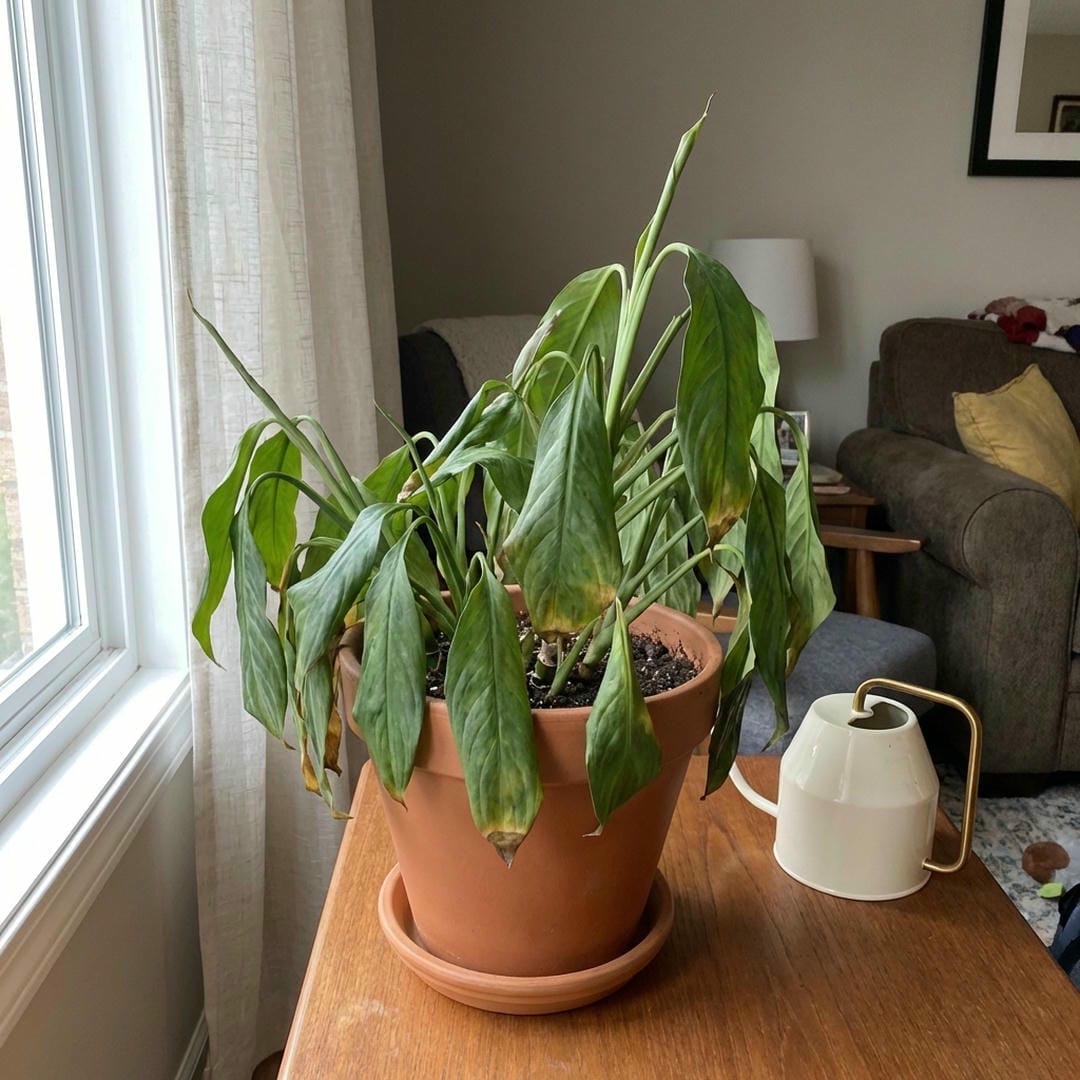 An underwatered Aglaonema Spathonema with drooping leaves