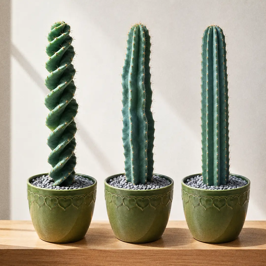 Three columnar cacti side by side on a wooden shelf in matching green ceramic pots with heart motifs: a tightly spiralled Cereus forbesii f. spiralis on the left, a loosely twisted seed-grown plant in the middle, and a straight-ribbed standard Cereus forbesii on the right