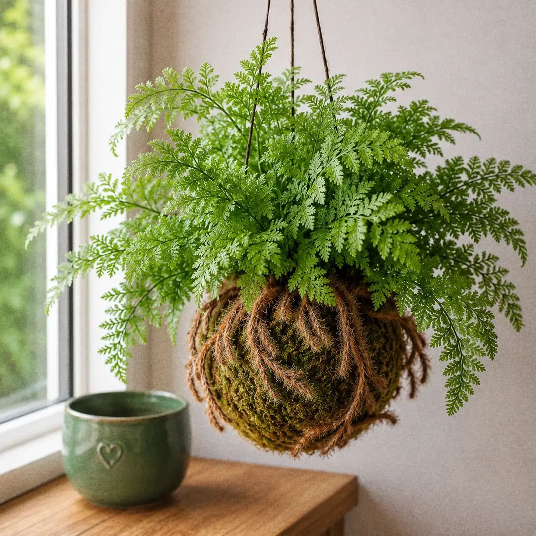 A Squirrel's Foot Fern grown as a kokedama moss ball, hanging by dark twine against a plain neutral wall beside a bright window, with furry russet rhizomes wrapping over and around the mossy sphere and lacy dark green fronds arching outward in all directions, a green ceramic pot with a heart motif sitting on the wooden shelf below