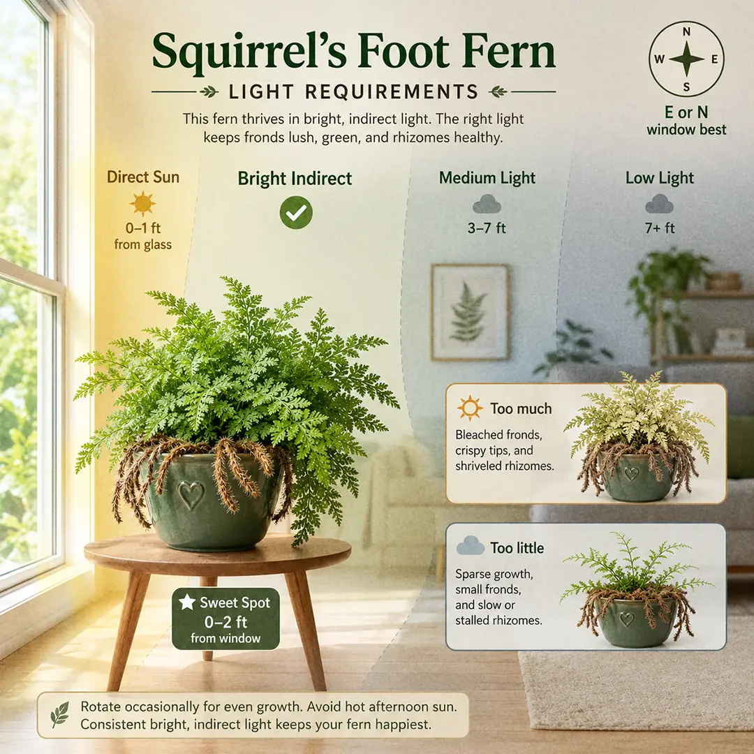 A labeled square light-zone diagram showing a Squirrel's Foot Fern in a green ceramic pot with a heart motif placed in its sweet spot on a small wooden table zero to two feet from an east-facing window, with color-washed floor zones marked direct sun, bright indirect, medium light and low light, a compass icon marking E and N as the ideal window directions, and two small thumbnails along the bottom showing bleached yellow-tan scorched fronds from too much sun and thin sparse widely-spaced fronds on a stalled rhizome from too little