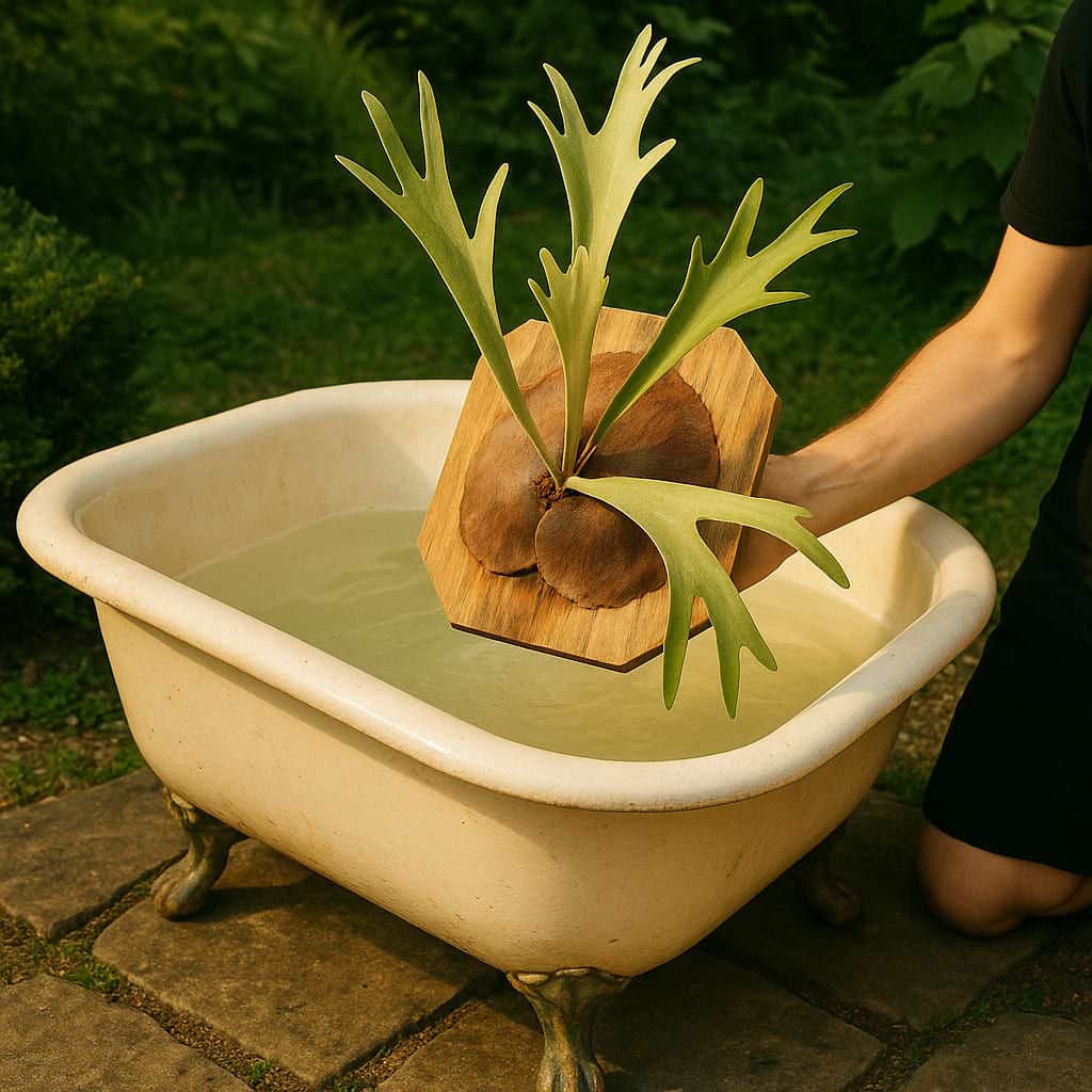 Staghorn fern growing in a bathtub