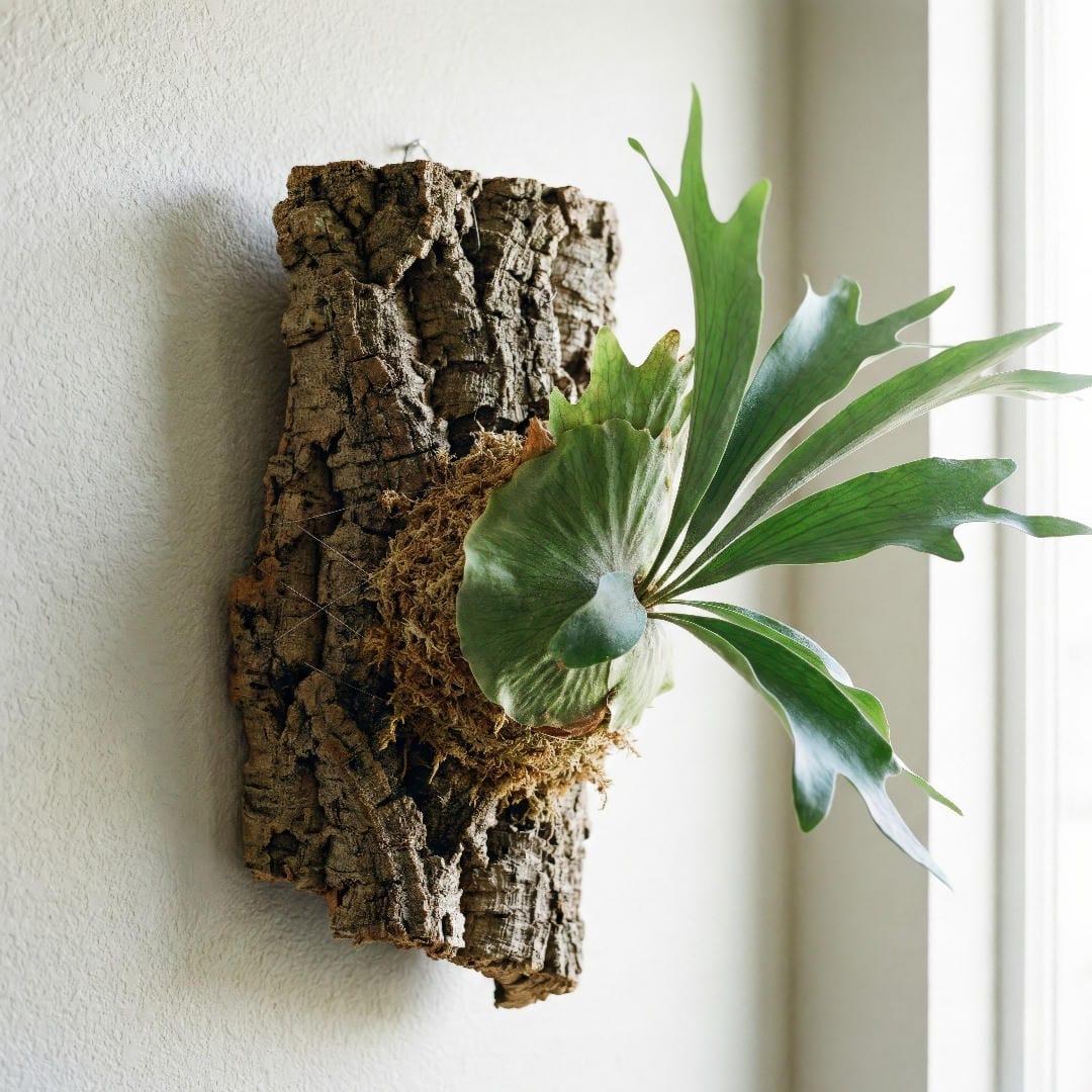 A staghorn fern mounted on a thick piece of natural cork bark, displayed on a wall.
