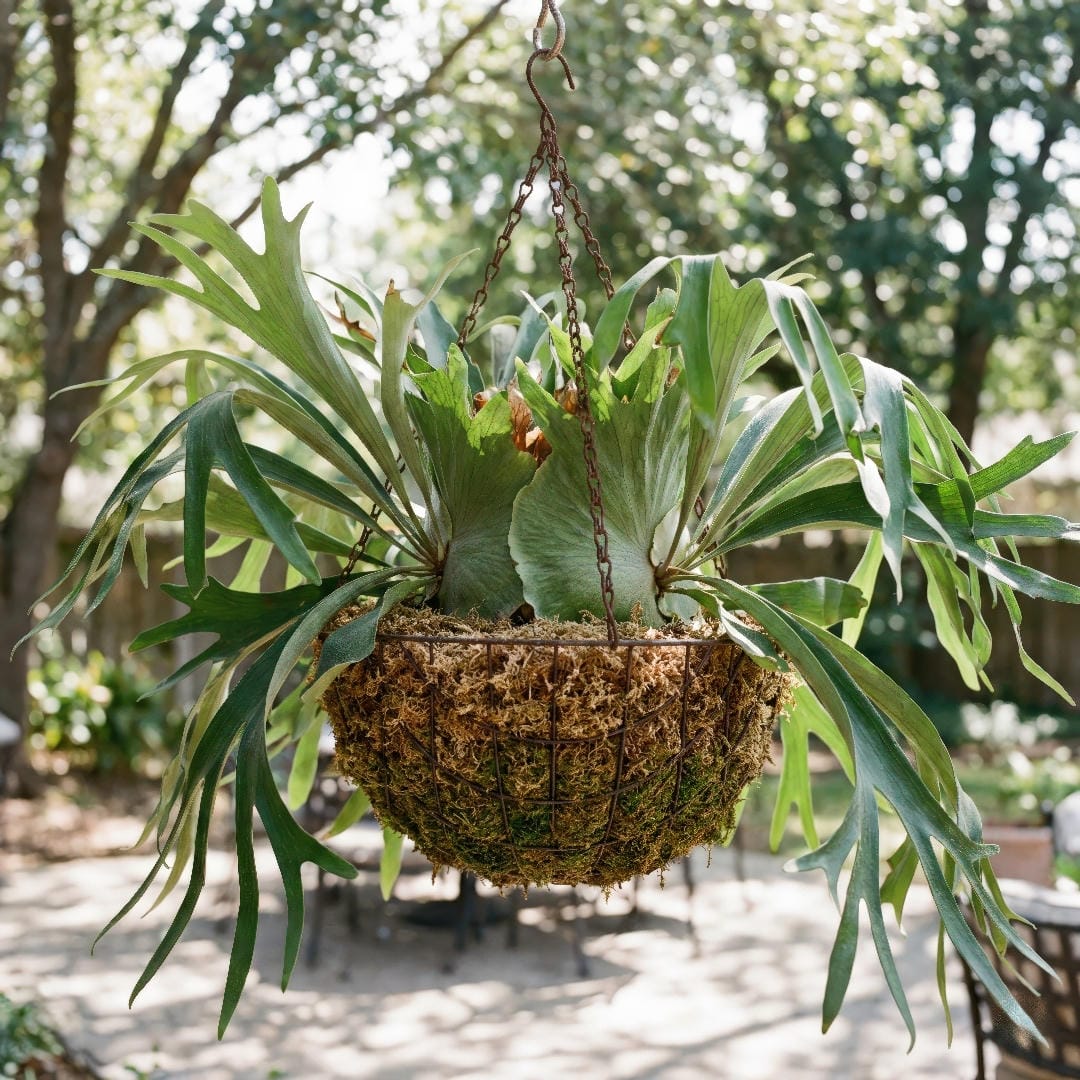 A large staghorn fern growing in a wire hanging basket lined with sphagnum moss, suspended outdoors.