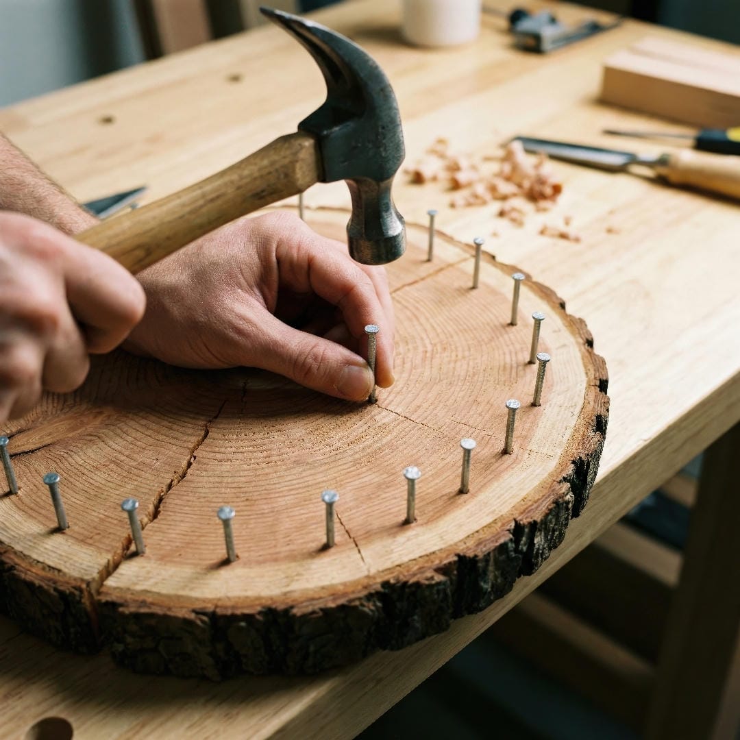 Hands hammering a nail into the surface of a wood slice, creating an anchor point for securing a staghorn fern.