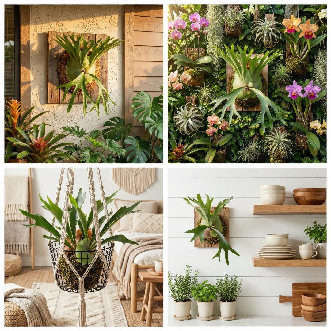 Four more creative staghorn fern mounting display ideas: outdoor patio wall, paired with orchids, in a macrame hanger, and as kitchen wall decor.