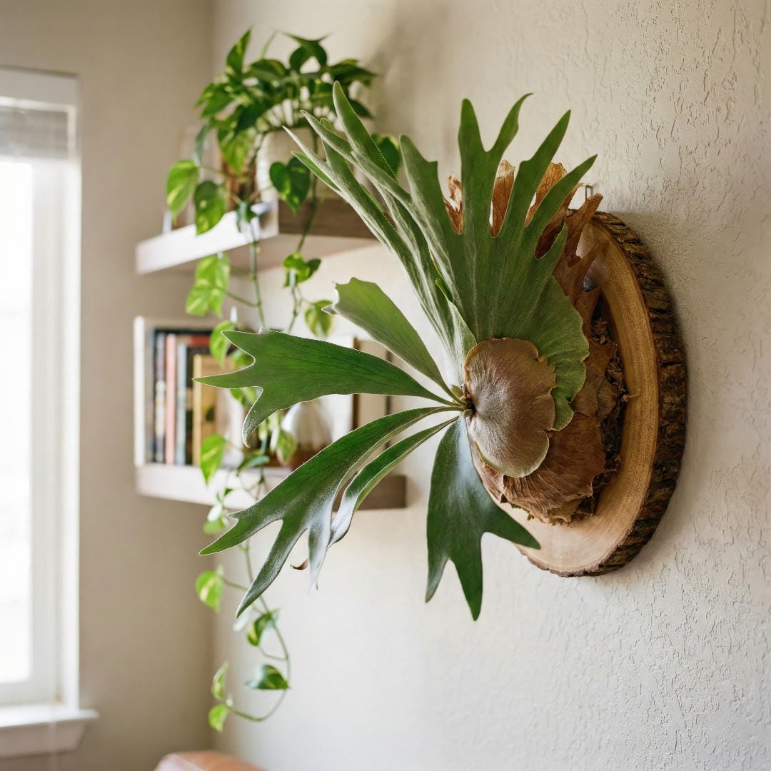 A beautifully mounted Staghorn Fern hanging on a rustic wood wall as living art.