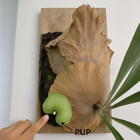 Close-up of carefully cutting a pup from a mature Staghorn Fern