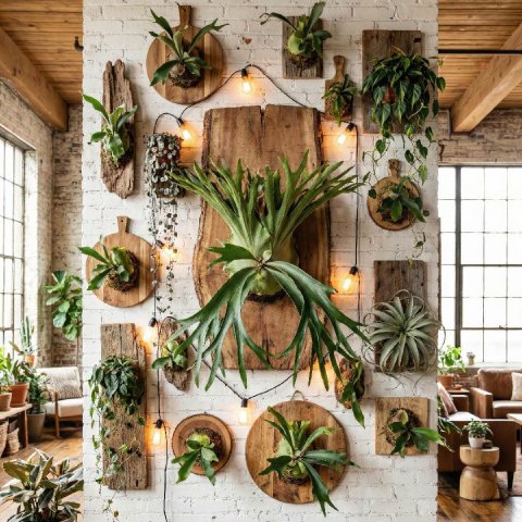 Gallery wall of multiple mounted Staghorn Ferns as living wall art