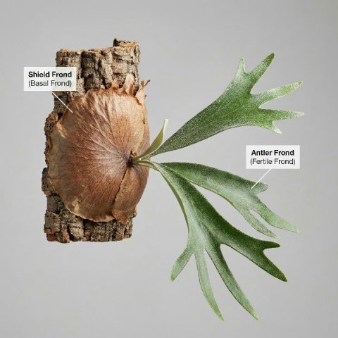 Staghorn Fern shield frond vs antler frond comparison showing both frond types