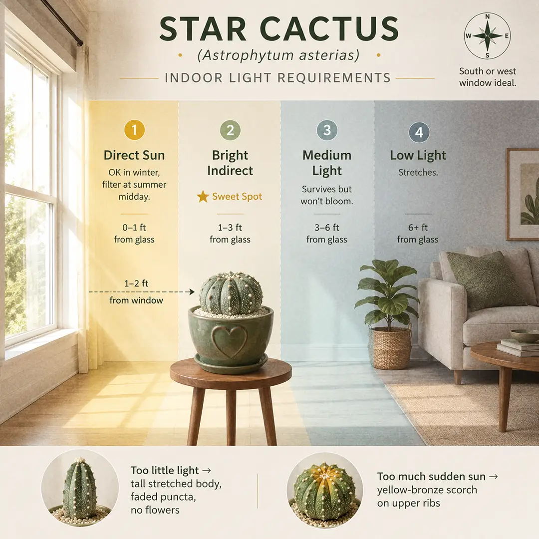 A clean square light-zone diagram showing a Star Cactus placed on a small wooden side table inside the Sweet Spot zone of a sunny south-facing window, with Direct Sun, Bright Indirect, Medium, and Low Light zones color-washed and labeled, plus small thumbnails warning against summer midday scorch and winter low-light bleaching