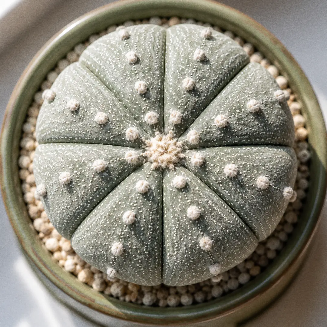 Top-down macro of a Star Cactus showing the perfect eight-rayed star geometry of its ribs, with small white woolly flecks (puncta) evenly dusted across the pale blue-green body and round woolly areoles running down the center of each rib, planted in a green ceramic pot with a heart motif top-dressed with pale gravel