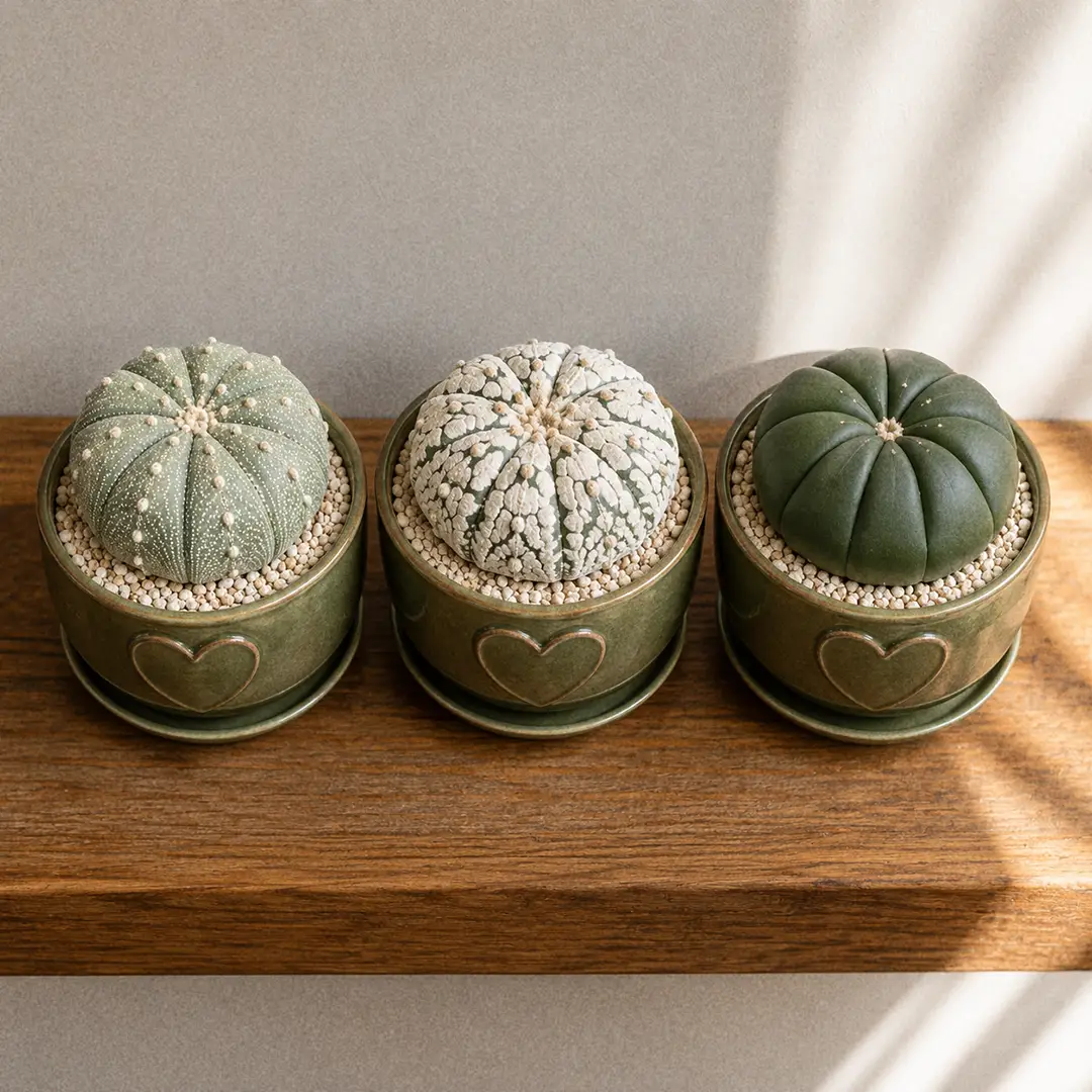 Three Star Cactus cultivars side by side on a wooden shelf, each in a matching green ceramic pot with a heart motif: a wild form Astrophytum asterias with even white flecks on the left, a Super Kabuto with large chalky white patches in the center, and a smooth flecked Nudum on the right, showing the cultivar range