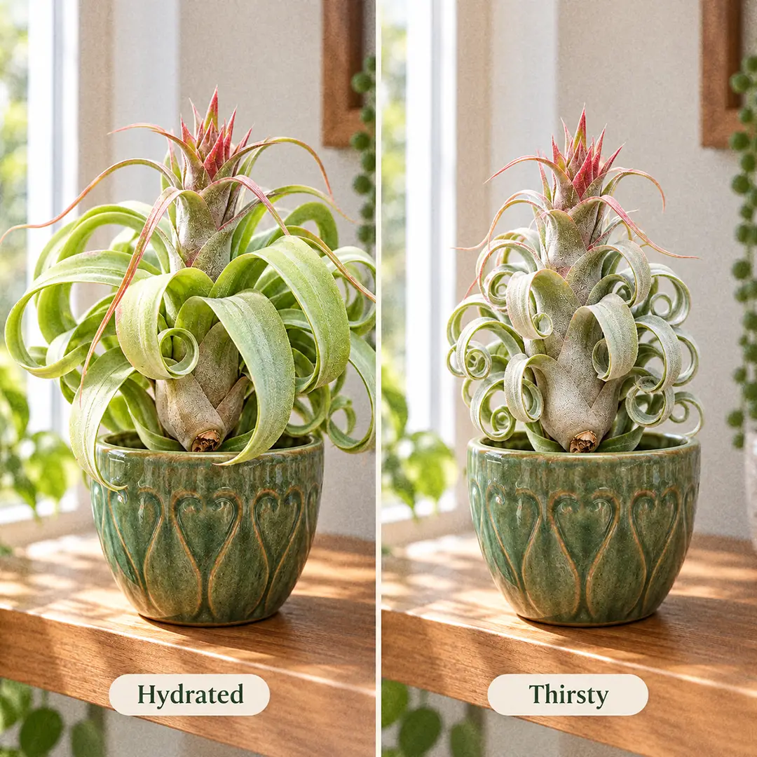 A two-panel comparison of the same Streptophylla Air Plant, on the left hydrated with relaxed leaves arching in wide open curves, and on the right thirsty with every leaf screwed into a tight corkscrew ringlet