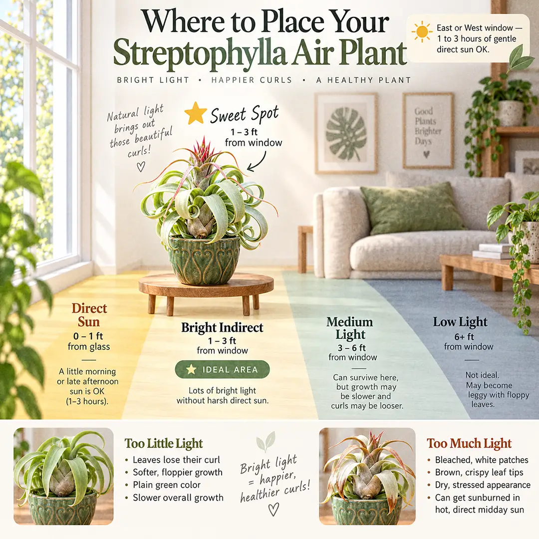 A labeled light guide diagram showing where to place a Streptophylla Air Plant indoors relative to an east or west window, with direct sun, bright indirect, medium and low light zones marked and the sweet spot marked with a star